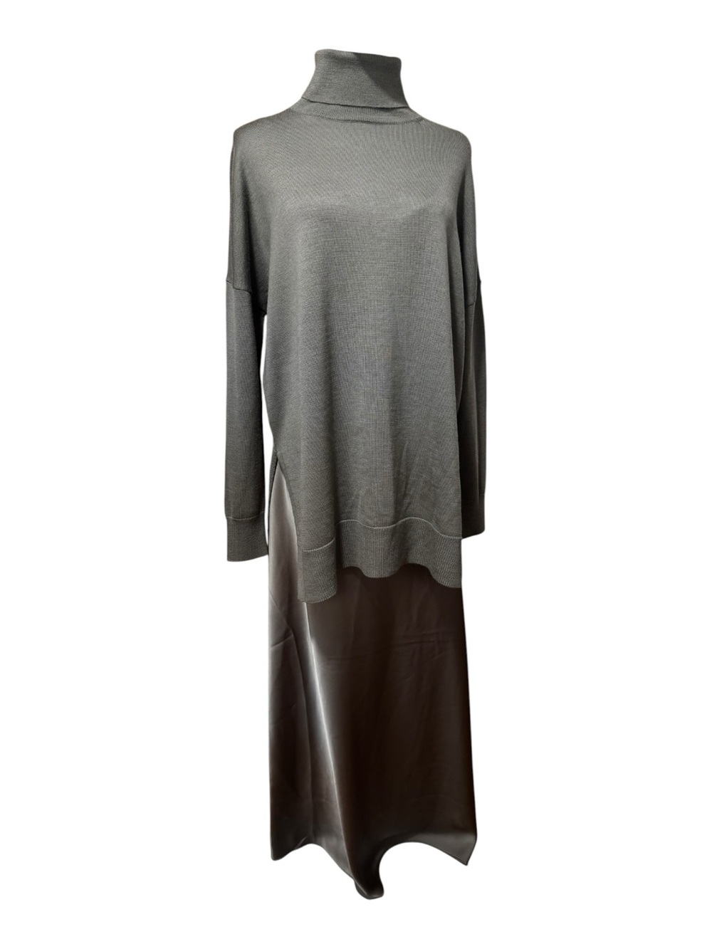 AllSaints 2-in-1 Olive Green Satin Slip Dress Turtleneck Sweater Set M Maxi NWT
